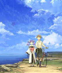 Rule 34 | 10s, 1boy, 1girl, anklet, bare shoulders, bicycle, blue legwear, blunt bangs, bow, clain (fractale), cliff, cloud, day, dress, earrings, flower, fractale, grass, hair flower, hair ornament, hidari (left side), horizon, jewelry, long sleeves, necklace, nessa (fractale), ocean, off shoulder, official art, outdoors, path, pink bow, purple hair, ribbon, road, rock, sandals, scenery, shorts, side-by-side, sky, sleeves pushed up, socks, twintails, wide sleeves