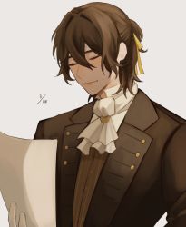 Rule 34 | 1boy, alternate costume, alternate form, antonio salieri (fate), ascot, bad id, bad pixiv id, brown hair, brown suit, closed eyes, dated, fate/grand order, fate (series), formal, gloves, hair between eyes, hair intakes, hair ribbon, half updo, highres, holding, holding paper, long sleeves, male focus, open mouth, paper, pinstripe pattern, pinstripe vest, ribbon, short hair, smile, solo, striped, suit, sumi (gfgf 045), vest, white ascot, white background, white gloves