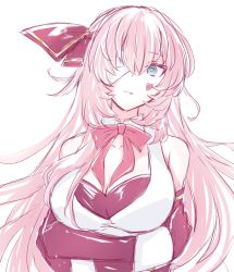 Rule 34 | 1girl, bandage over one eye, bare shoulders, bow, bowtie, breasts, commentary, crossed arms, detached sleeves, dress, elbow gloves, expressionless, facial tattoo, gloves, hair ribbon, heart, highres, kkr rkgk, long hair, looking at viewer, medium breasts, megurine luka, pink hair, project diva (series), ribbon, solo, tattoo, temptation (module), upper body, very long hair, vocaloid, white background, white dress