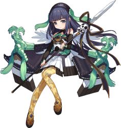Rule 34 | 1girl, arm warmers, black hair, full body, hairband, holding, holding polearm, holding spear, holding weapon, looking at viewer, matsue (oshiro project), official art, oshiro project:re, oshiro project:re, polearm, purple eyes, skirt, smile, solo, spear, standing, transparent background, weapon, white skirt, yuu (higashi no penguin)