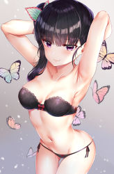 Rule 34 | 1girl, armpits, arms up, ass, bandeau, black hair, blush, bra, breasts, bug, butterfly, butterfly hair ornament, cleavage, collarbone, groin, hair ornament, highres, insect, kimetsu no yaiba, lace, lace-trimmed bra, lace-trimmed panties, lace trim, lingerie, long hair, looking at viewer, lowleg, lowleg panties, medium breasts, navel, panties, purple eyes, side-tie panties, side ponytail, simple background, smile, stomach, string panties, sunhyun, thigh gap, tsuyuri kanao, underwear, underwear only