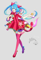 Rule 34 | 1girl, absurdres, ahoge, animal ears, bloomers, blue eyes, blue hair, bow, bowtie, cat ears, cat tail, dress, frilled dress, frills, grey background, hair ornament, hand up, hatsune miku, highres, long hair, long sleeves, looking at viewer, open mouth, pink thighhighs, pom pom (clothes), pom pom hair ornament, project sekai, red bloomers, red bow, red bowtie, red dress, red footwear, shoes, simple background, smile, solo, tail, taro14 tea, thighhighs, twintails, very long hair, vocaloid, walking, wonderlands x showtime (project sekai), wonderlands x showtime miku