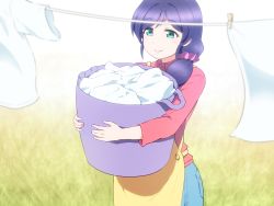 Rule 34 | 1girl, aged up, apron, artist request, basket, blouse, blush, breasts, casual, clothes, female focus, green eyes, hair ribbon, holding, holding basket, laundry, laundry basket, long hair, love live!, love live! school idol festival, love live! school idol project, pants, pantyhose, pink shirt, purple hair, ribbon, seiza, shirosato, shirt, sitting, smile, solo, tojo nozomi, twintails