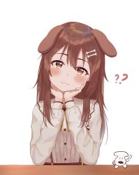 Rule 34 | 1girl, :3, ?, ??, absurdres, animal ears, blush, bone hair ornament, breasts, brown eyes, brown hair, closed mouth, dog ears, floppy ears, hair between eyes, hair ornament, hairpin, hands on own cheeks, hands on own face, head rest, highres, hololive, inugami korone, inugami korone (street), long hair, nano illustrator, shirt, simple background, small breasts, solo, table, upper body, virtual youtuber, white background, white shirt
