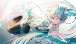Rule 34 | 1girl, ;d, blue eyes, blue hair, grey background, hatsune miku, highres, long hair, one eye closed, open mouth, qys3, signature, skirt, smile, tongue, tongue out, twintails, vocaloid, white background