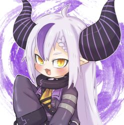 Rule 34 | 1girl, ahoge, ascot, blush, braid, coat, collar, demon girl, demon horns, doneru, fang, hair between eyes, hololive, horns, la+ darknesss, light purple hair, long hair, multicolored hair, neckerchief, open mouth, pointy ears, purple coat, sleeves past fingers, sleeves past wrists, solo, streaked hair, very long hair, virtual youtuber, yellow ascot, yellow eyes