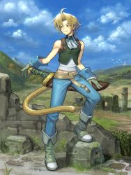 Rule 34 | 1boy, ahoge, bare shoulders, blonde hair, blue eyes, blue pants, blue ribbon, boots, cloud, cloudy sky, cropped vest, final fantasy, final fantasy ix, flock, frilled shirt collar, frills, full body, gloves, green footwear, green gloves, green vest, highres, light blush, looking to the side, low ponytail, male focus, midriff peek, monkey tail, neck ribbon, outdoors, pants, parted bangs, ribbon, ruins, shirt, short hair with long locks, sky, sleeveless, sleeveless shirt, smile, solo, tail, uboar, vest, weapon behind back, white shirt, wrist cuffs, zidane tribal