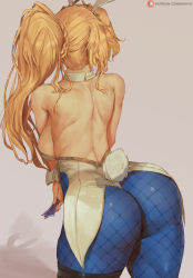 Rule 34 | 1girl, animal ears, artoria pendragon (all), artoria pendragon (fate), artoria pendragon (swimsuit ruler) (fate), ass, back, backboob, bare shoulders, blonde hair, blue pantyhose, breasts, card, curvy, detached collar, fate/grand order, fate (series), fishnet pantyhose, fishnets, from behind, high ponytail, highleg, highleg leotard, highres, huge ass, leotard, pantyhose, playboy bunny, playing card, rabbit ears, rabbit tail, shexyo, tail, thighs, tiara, white leotard, wrist cuffs