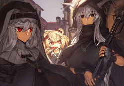 Rule 34 | 3girls, animal ears, architecture, arknights, bear ears, belt, belt buckle, black dress, black eyes, breasts, buckle, candy hair ornament, dress, eating, fingerless gloves, food, food themed hair ornament, gloves, gummy (arknights), hair ornament, headgear, holding, holding food, holding staff, hood, horns, huge breasts, jewelry, large breasts, long hair, melon22, multiple girls, necklace, nun, outdoors, red eyes, robe, sailor collar, scarf, shining (arknights), sidelocks, specter (arknights), staff, upper body, white hair, white neckwear