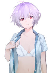 Rule 34 | 1girl, ahoge, arm at side, bra, breasts, cleavage, closed mouth, collarbone, expressionless, green shirt, hair between eyes, head tilt, light purple hair, looking at viewer, medium breasts, navel, open clothes, open shirt, original, red eyes, shirt, short hair, short sleeves, simple background, solo, striped clothes, striped shirt, umou (user xxhp7583), underwear, upper body, vertical-striped clothes, vertical-striped shirt, white background, white bra
