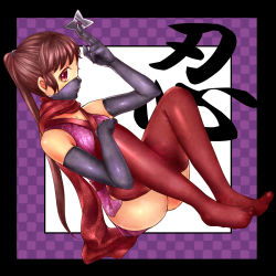 Rule 34 | 1girl, absurdres, artist request, bad id, bad pixiv id, black border, black gloves, border, brown hair, elbow gloves, gloves, half mask, highres, japanese text, leaning back, long hair, mask, mouth mask, ninja, original, patterned, patterned background, ponytail, purple eyes, red thighhighs, scarf, shuriken, solo, text focus, thighhighs, translation request, weapon