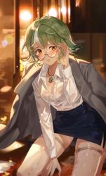 Rule 34 | 1girl, absurdres, adjusting hair, alternate costume, between legs, blouse, blue skirt, blurry, blush, bokeh, breasts, cleavage, closed mouth, collared shirt, commentary request, contemporary, depth of field, forehead, gem, genshin impact, glasses, green hair, hair between eyes, hand between legs, hand up, highres, jewelry, kneeling, long sleeves, mature female, medium breasts, multicolored eyes, multicolored hair, necklace, office lady, aged up, on shoulder, pencil skirt, red eyes, sem (honey sv), shirt, sidelocks, skirt, smile, solo, sucrose (genshin impact), thighhighs, two-tone hair, wet, wet clothes, wet legwear, wet shirt, white hair, white shirt, white sleeves, white thighhighs, yellow eyes