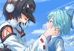 Rule 34 | 2girls, :d, alternate costume, bird mask, black hair, blue bow, blue dress, blue eyes, blue hair, blue sky, blush, bow, breasts, cirno, cloud, commentary request, contrail, crow mask, day, dress, from side, hair bow, ice, ice wings, japanese clothes, kimono, kourindou tengu costume, long sleeves, looking at another, mask, medium breasts, multiple girls, open mouth, outdoors, parted lips, pinafore dress, pom pom (clothes), profile, puffy short sleeves, puffy sleeves, ribbon-trimmed sleeves, ribbon trim, roke (taikodon), shameimaru aya, shirt, short hair, short sleeves, sky, sleeveless dress, smile, tassel, touhou, upper body, white kimono, white shirt, wide sleeves, wings, yuri