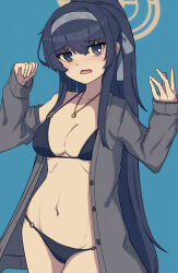 Rule 34 | 1girl, absurdres, bags under eyes, bikini, black bikini, black hair, blue archive, blue hairband, breasts, cardigan, grey cardigan, hair between eyes, hairband, halo, highres, jewelry, long hair, looking at viewer, navel, necklace, o-ring, o-ring bikini, o-ring bottom, official alternate costume, omurainu, open cardigan, open clothes, open mouth, ponytail, small breasts, solo, swimsuit, ui (blue archive), ui (swimsuit) (blue archive), very long hair, yellow halo