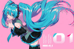 Rule 34 | 1girl, bare shoulders, black skirt, black sleeves, black thighhighs, blue eyes, blue hair, blue nails, blue necktie, character name, collared shirt, commentary request, detached sleeves, grey shirt, hair between eyes, hatsune miku, hayama eishi, highres, interlocked fingers, leaning forward, long hair, long sleeves, looking at viewer, multicolored hair, nail polish, necktie, open mouth, own hands together, pink background, pleated skirt, red hair, shirt, skirt, sleeveless, sleeveless shirt, solo, streaked hair, thighhighs, twintails, very long hair, vocaloid, wide sleeves