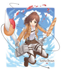 Rule 34 | &gt;:d, 1girl, :d, badge, baguette, boots, border, bread, brown eyes, brown footwear, brown hair, brown jacket, buckle, cable, character name, cloud, collared shirt, crumbs, day, dress shirt, dual wielding, food, full body, harness, holding, holding food, holding sword, holding weapon, jacket, jam, jumping, knee boots, long sleeves, looking at viewer, npcpepper, open clothes, open jacket, open mouth, outside border, pants, ponytail, sasha blouse, shingeki no kyojin, shirt, sky, smile, solo, splatter, sword, three-dimensional maneuver gear, v-shaped eyebrows, weapon, white border, white pants, white shirt