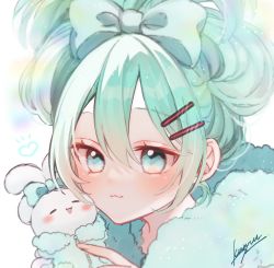 Rule 34 | 1girl, :3, ^ ^, alternate hairstyle, aqua eyes, aqua hair, blue bow, blush, bow, cheek-to-cheek, cinnamiku, cinnamoroll, closed eyes, closed mouth, ear bow, fur trim, hair bow, hair ornament, hairclip, happy, hatsune miku, heads together, heart, highres, light particles, matching outfits, one-hour drawing challenge, open mouth, pachipachi003, poking, portrait, sanrio, signature, tied ears, updo, vocaloid, white background, zipper