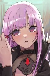 Rule 34 | 1girl, applying makeup, black cape, blush, bracer, cape, cleavage cutout, clothing cutout, hair behind ear, head tilt, highres, hololive, hololive english, looking to the side, looking up, makeup, mascara, mascara wand, minagokoro, mori calliope, open mouth, pink hair, purple eyes, solo, spikes, upper body, virtual youtuber