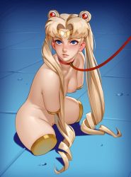 Rule 34 | 1girl, amputee, bishoujo senshi sailor moon, blonde hair, blue background, blue eyes, blush, breasts, choker, cleft of venus, commentary, completely nude, derivative work, drill hair, english commentary, from side, headband, highres, kairunoburogu, leash, long hair, looking at viewer, looking to the side, looking up, medium breasts, meme, nipples, nude, parted lips, pussy, quadruple amputee, realistic, red choker, sailor moon, sailor moon redraw challenge (meme), sanpaku, screenshot redraw, sitting, solo, stump cover, teeth, tsukino usagi, twintails, very long hair