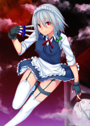 Rule 34 | 1girl, absurdres, apron, between fingers, black gloves, clock, clock tower, garter straps, gloves, grey hair, highres, holding, holding knife, holding weapon, izayoi sakuya, knife, knives between fingers, looking at viewer, maid, maid apron, maid headdress, mikazuchi zeus, red eyes, red ribbon, ribbon, short hair, smile, solo, thighhighs, touhou, tower, weapon, white thighhighs