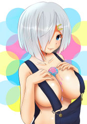 Rule 34 | 1girl, bare shoulders, blue eyes, breasts, cleavage, collarbone, food, food on body, food on breasts, hair ornament, hair over one eye, hairclip, hamakaze (kancolle), hand on own chest, hifumi kei, highres, ice cream, kantai collection, large breasts, looking at viewer, melting, naked overalls, overalls, short hair, silver hair, smile, solo, upper body