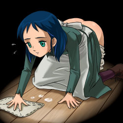 Rule 34 | 1980s (style), 1girl, all fours, apron, ass, bent over, bloomers, bloomers pull, blue hair, butt crack, cleaning, dress, green eyes, haruyama kazunori, long hair, lowres, nippon animation, no panties, retro artstyle, princess sarah, retro artstyle, sarah crewe, solo, underwear, world masterpiece theater