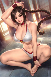 Rule 34 | 1girl, abs, arm up, avatar: the last airbender, avatar legends, barefoot, bikini, braid, braided ponytail, breasts, brown eyes, brown hair, choker, cleavage, feet, full body, hand on own head, hands on feet, indian style, indoors, large breasts, looking at viewer, midriff, navel, neoartcore, parted lips, red choker, shadow, sitting, smile, solo, stomach, swimsuit, toes, toned, ty lee, white bikini