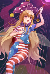 Rule 34 | 1girl, absurdres, american flag dress, american flag legwear, blonde hair, blush, clownpiece, dress, fairy, fairy wings, feet out of frame, hair between eyes, hat, highres, holding, holding torch, jester cap, koizumo, long hair, navel, open mouth, pantyhose, polka dot, polka dot headwear, purple hat, red eyes, short sleeves, smile, solo, star (symbol), star print, striped clothes, striped dress, striped pantyhose, torch, touhou, wings