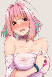 Rule 34 | 1girl, ahoge, bare shoulders, blue hair, blush, breasts, cleavage, collar, collarbone, covered erect nipples, earrings, fangs, grey background, hair intakes, hand on own chest, head tilt, heart, idolmaster, idolmaster cinderella girls, jewelry, large breasts, looking at viewer, multicolored hair, no bra, nose blush, off-shoulder shirt, off shoulder, open mouth, pill earrings, pink collar, pink eyes, pink hair, ring, shirt, short hair, short sleeves, simple background, solo, t-shirt, tokiwa midori (kyokutou funamushi), two-tone hair, upper body, white shirt, yumemi riamu
