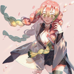 Rule 34 | 1girl, artist name, black skirt, braid, breasts, cherry blossoms, cleavage, coat, cowboy shot, eyelashes, gradient hair, green eyes, green hair, hair between eyes, haori, heart, heart print, highres, japanese clothes, kanroji mitsuri, katana, kimetsu no yaiba, large breasts, lemontea, long hair, long sleeves, looking at viewer, miniskirt, mole, mole under eye, multicolored hair, nail polish, open mouth, partially unbuttoned, petals, pink background, pink hair, pleated skirt, red nails, scabbard, sheath, sheathed, signature, simple background, skirt, solo, sword, thighhighs, thighs, tri braids, two-tone hair, uniform, weapon, wide sleeves, wind, zettai ryouiki