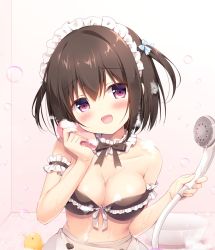 Rule 34 | 1girl, :d, apron, bare shoulders, bikini, black bikini, black hair, blue bow, blush, bow, breasts, bubble, cleavage, collarbone, commentary request, frilled bikini, frills, hair bow, head tilt, highres, holding, indoors, maid headdress, medium breasts, miyasaka naco, open mouth, original, red eyes, short hair, shower head, smile, soap bubbles, solo, sponge, swimsuit, two side up, upper body, waist apron, white apron