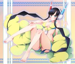 Rule 34 | 1girl, :o, arm support, bare legs, bare shoulders, barefoot, blue nails, blush, body blush, breasts, breasts apart, bright pupils, cleavage, collarbone, covered erect nipples, creatures (company), elesa (pokemon), foreshortening, game freak, halftone, halftone background, hand on own knee, headphones, legs, legs up, long hair, looking at viewer, medium breasts, midriff, nail polish, naoto (yandereheaven), nintendo, open mouth, outline, parted lips, pokemon, pokemon bw2, red nails, revealing clothes, sidelocks, signature, sitting, solo, toenail polish, toenails, toes, very long hair, white outline