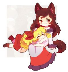 Rule 34 | 2girls, :3, absurdres, animal ears, apron, blonde hair, blush, bow, brooch, brown footwear, brown hair, chibi, curly hair, dress, dungeon toaster, closed eyes, frilled dress, frills, hair bow, hairband, highres, imaizumi kagerou, jewelry, long hair, long sleeves, multiple girls, nail polish, red bow, red dress, red eyes, red hairband, red nails, smile, tail, touhou, touhou (pc-98), waist apron, white apron, white dress, wolf ears, wolf tail
