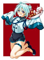 Rule 34 | .live, 1girl, aiguillette, antenna hair, blue eyes, blush, chinese clothes, double bun, food, food on face, full body, hair between eyes, hair bun, holding, holding plate, jumping, legband, long sleeves, looking at viewer, plate, red background, shirogumi, short hair, silver hair, simple background, dennou shoujo siro, sketch, sleeves past fingers, sleeves past wrists, smile, thigh strap, tofu, tongue, tongue out, virtual youtuber, wide sleeves, yodare (3yami8)