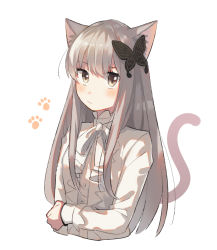 Rule 34 | 1girl, animal ears, bang dream!, blush, butterfly hair ornament, cat ears, cat tail, center frills, cropped torso, frills, grey eyes, grey hair, hair ornament, hand on own arm, kemonomimi mode, long hair, long sleeves, looking at viewer, minato yukina, neck ribbon, ribbon, simple background, solo, tail, unapoppo, white background, white ribbon