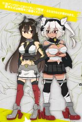 Rule 34 | 10s, 2girls, bandaged leg, bandages, bare shoulders, black hair, blush, breasts, bridal gauntlets, choker, cleavage, collar, crossed arms, dark-skinned female, dark skin, fingerless gloves, garter straps, glasses, gloves, hands on own hips, headgear, high heels, ikeshita moyuko, kantai collection, large breasts, long hair, midriff, multiple girls, musashi (kancolle), musashi kai (kancolle), nagato (kancolle), navel, open clothes, pointy hair, red eyes, sarashi, short hair, skirt, smirk, thighhighs, translation request, two side up, white hair