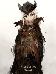 Rule 34 | 1girl, artist name, bad id, bad pixiv id, belt, black coat, bloodborne, coat, cutoffs, english text, light smile, long hair, looking at viewer, pants, qtonagi, red eyes, simple background, solo, standing, white background, white hair