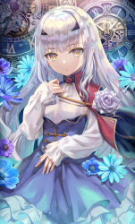 Rule 34 | 1girl, blue cape, blue dress, breasts, cape, clock, dress, fate/grand order, fate (series), flower, forked eyebrows, frills, grey flower, grey rose, highres, long hair, long sleeves, looking at viewer, melusine (fate), melusine (second ascension) (fate), parted lips, rose, sidelocks, small breasts, solo, thighs, torino aqua, white hair, yellow eyes