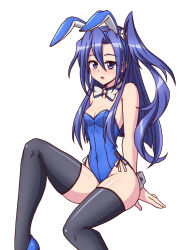 Rule 34 | 1girl, animal ears, black thighhighs, blue eyes, blue hair, blue leotard, bow, bowtie, breasts, cleavage, commentary request, cowboy shot, detached collar, fake animal ears, feet out of frame, kazanari tsubasa, leotard, long hair, looking at viewer, one side up, playboy bunny, rabbit ears, senki zesshou symphogear, simple background, sitting, small breasts, solo, strapless, strapless leotard, thighhighs, white background, zetsumu