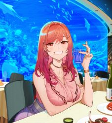Rule 34 | 1girl, ahoge, aquarium, arm under breasts, belt, blouse, blue skirt, blush, bottle, bracelet, breasts, center frills, choker, colored inner hair, cup, earrings, fish, food, frills, gold earrings, hair ornament, hairpin, highres, holding, holding cup, hololive, hololive dev is, ichijou ririka, jewelry, large breasts, leaning on table, long hair, looking at viewer, multicolored hair, nail polish, orange eyes, orange hair, pink nails, pink shirt, plate, restaurant, ring, shirt, skirt, sleeveless, sleeveless shirt, smile, solo, table, virtual youtuber, white belt, wine bottle, wvs