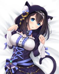 Rule 34 | 1girl, animal ears, animal hood, black hair, blue bow, blue dress, blue eyes, blue ribbon, blush, bow, breasts, brooch, capelet, cat ears, cat tail, corset, crescent, crescent pin, cross-laced clothes, diadem, dress, frills, hair between eyes, halloween, halloween costume, hood, idolmaster, idolmaster cinderella girls, jewelry, kirifrog, large breasts, long hair, long sleeves, looking at viewer, open mouth, ribbon, sagisawa fumika, solo, spider web print, striped, striped bow, tail, underbust