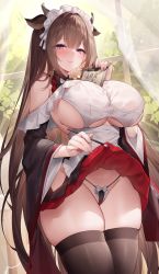 Rule 34 | 1girl, absurdly long hair, animal ears, apron, azur lane, bare shoulders, bell, between breasts, black panties, black skirt, black sleeves, bow, bow panties, breasts, brown hair, brown thighhighs, button gap, cleavage, clipboard, closed mouth, clothes lift, clothing cutout, commentary, cow ears, cow girl, cow horns, cowbell, cowboy shot, curtains, day, detached sleeves, frilled apron, frilled hairband, frilled shirt, frilled skirt, frills, glint, groin, hairband, highleg, highleg panties, highres, holding, holding clipboard, holding paintbrush, horns, huge breasts, indoors, japanese clothes, kashino (azur lane), kashino (maid for mayhem) (azur lane), layered skirt, lifted by self, long hair, long sleeves, looking at viewer, maid, maid apron, maid headdress, miniskirt, neck bell, off-shoulder shirt, off shoulder, official alternate costume, paid reward available, paintbrush, panties, purple eyes, revealing clothes, ribbon trim, see-through, shirt, sideboob, sidelocks, skindentation, skirt, skirt lift, smile, solo, sora 72-iro, standing, string panties, taut clothes, taut shirt, thick thighs, thighhighs, thighs, thong, two-tone skirt, underboob cutout, underwear, very long hair, white apron, white hairband, wide sleeves, window