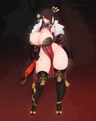 Rule 34 | 1girl, absurdres, alternate breast size, beidou (genshin impact), boots, breasts, brown hair, cleavage, curvy, earrings, eyepatch, fingerless gloves, full body, genshin impact, gloves, hair ornament, hairpin, hand on own hip, highres, huge breasts, jewelry, long hair, looking at viewer, pelvic curtain, red eyes, solo, standing, thick thighs, thigh boots, thighhighs, thighs, tundromaiden, wide hips