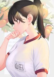 Rule 34 | 1girl, :o, black hair, blush, boku no kokoro no yabai yatsu, breasts, brown eyes, character request, earrings, food, from side, fruit, gym shirt, hand on own face, highres, jewelry, large breasts, long hair, looking away, looking down, mandarin orange, name tag, parted lips, poligon (046), ponytail, profile, shirt, short sleeves, solo, sweat, upper body, white shirt