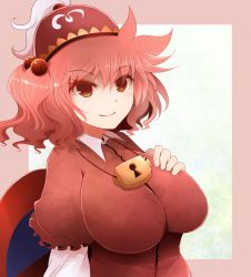 Rule 34 | 1girl, arano oki, blush, border, breasts, hair bobbles, hair ornament, hat, jewelry, kawashiro mitori, large breasts, layered clothes, lock, looking at viewer, necklace, outside border, pink border, red eyes, red hair, red shirt, shirt, sign, smile, solo, touhou, two side up, upper body, white shirt