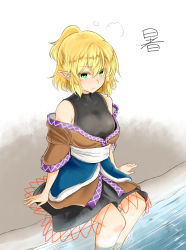 Rule 34 | 10eki (tenchou), 1girl, bare shoulders, blonde hair, blush, colored eyelashes, gradient background, green eyes, highres, looking at viewer, looking up, mizuhashi parsee, off shoulder, partially submerged, pointy ears, ponytail, ribbon, sash, shirt, short hair, short sleeves, sitting, skirt, solo, sweat, text focus, touhou, turtleneck, vest, water