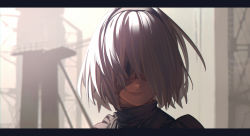 Rule 34 | 1girl, aconitea, blindfold, close-up, covered eyes, day, hairband, highres, lips, mole, mole under mouth, nier:automata, nier (series), outdoors, short hair, silver hair, solo, sunlight, 2b (nier:automata)