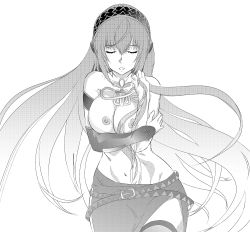 Rule 34 | 1girl, arm strap, asunogear, breasts, closed eyes, collarbone, detached sleeves, floating hair, greyscale, hair between eyes, hairband, headphones, highres, holding, holding own hair, large breasts, long hair, megurine luka, monochrome, navel, nipples, open mouth, side slit, simple background, sketch, skirt, solo, stomach, thighhighs, topless, very long hair, vocaloid, white background