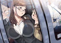 Rule 34 | 1girl, against glass, bag, blush, breast press, breasts, breasts on glass, brown hair, business suit, formal, glasses, hand on glass, large breasts, long hair, office lady, open mouth, original, purple eyes, samemanma, shoulder bag, solo focus, suit, train