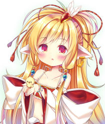 Rule 34 | 1girl, :o, animal, animal ears, bandeau, bare shoulders, bird, blonde hair, blush, blush stickers, chick, collarbone, commentary request, detached sleeves, earrings, esureki, feather hair ornament, feathers, granblue fantasy, hair ornament, halterneck, harvin, holding, holding animal, jewelry, long hair, long sleeves, looking at viewer, mahira (granblue fantasy), midriff, navel, parted lips, red eyes, simple background, solo, tareme, very long hair, white background, white sleeves, wide sleeves